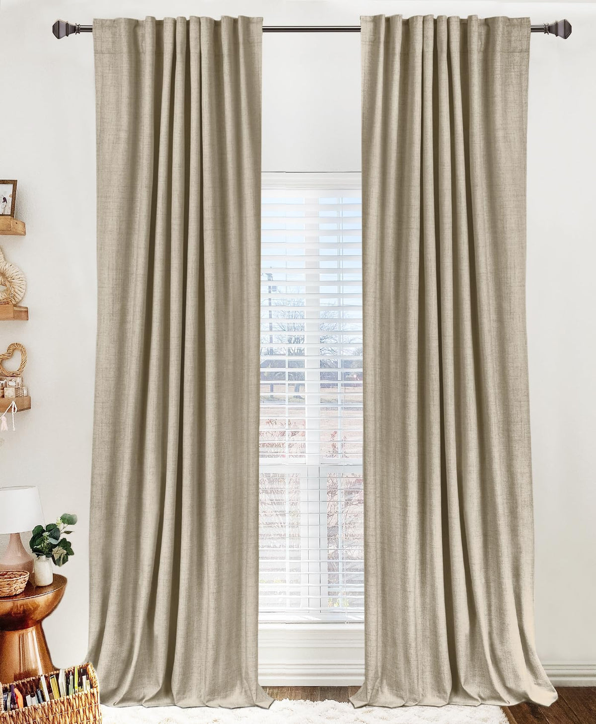 100% Blackout Shield linen curtain bedroom open view blocks light and enhances privacy.