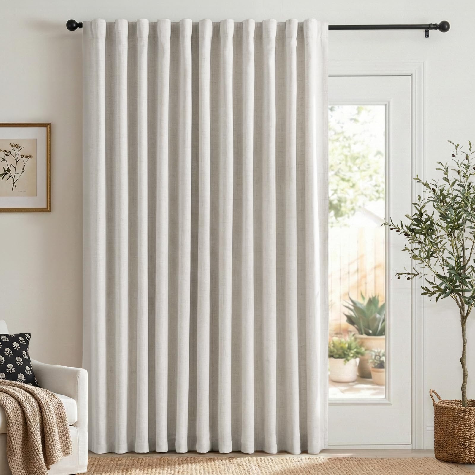 100% Blackout Shield linen curtains close-up show premium fabric texture and light-blocking capability