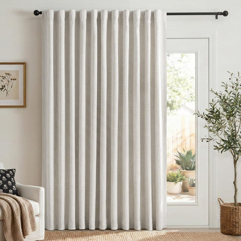 100% Blackout Shield linen curtains close-up show premium fabric texture and light-blocking capability