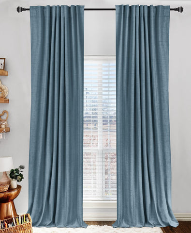 100% Blackout Shield linen curtains in a bedroom setup for privacy and darkness
