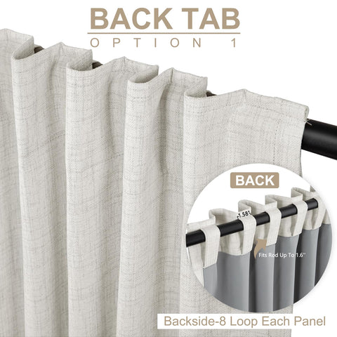 100% Blackout Shield beige curtains back-tab and rod-pocket ready, 8 back loops per panel.