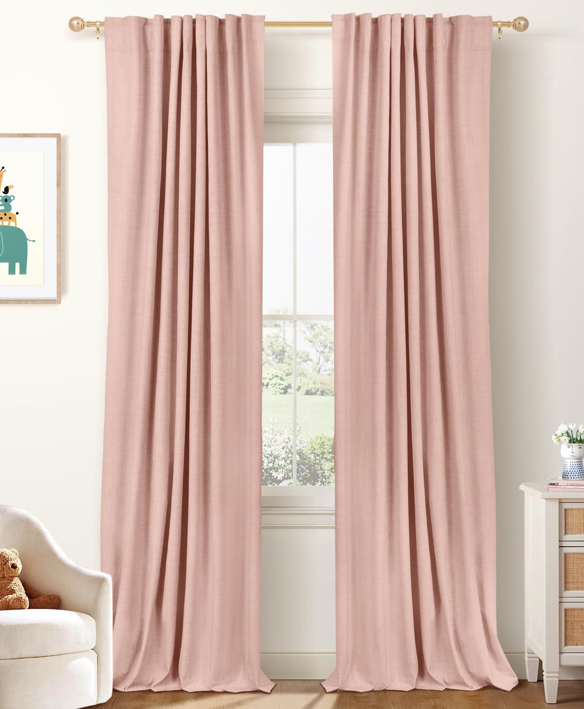 100% Blackout Shield linen curtains in blush with back-tab design for light control.