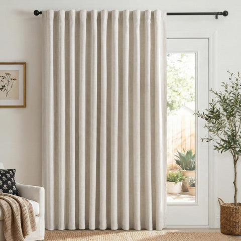 100% Blackout Shield cream linen curtain panel front view blocks light for privacy