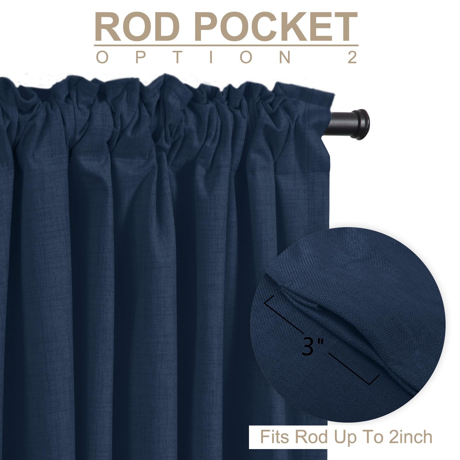 Close-up of linen texture and blackout coating on midnight blue fabric