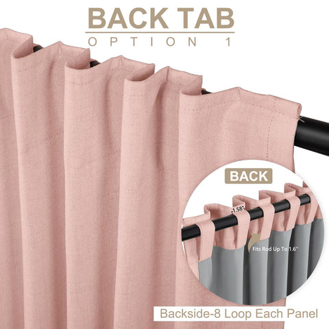 100% Blackout Shield curtains show back tab and rod pocket mounting for easy hanging.