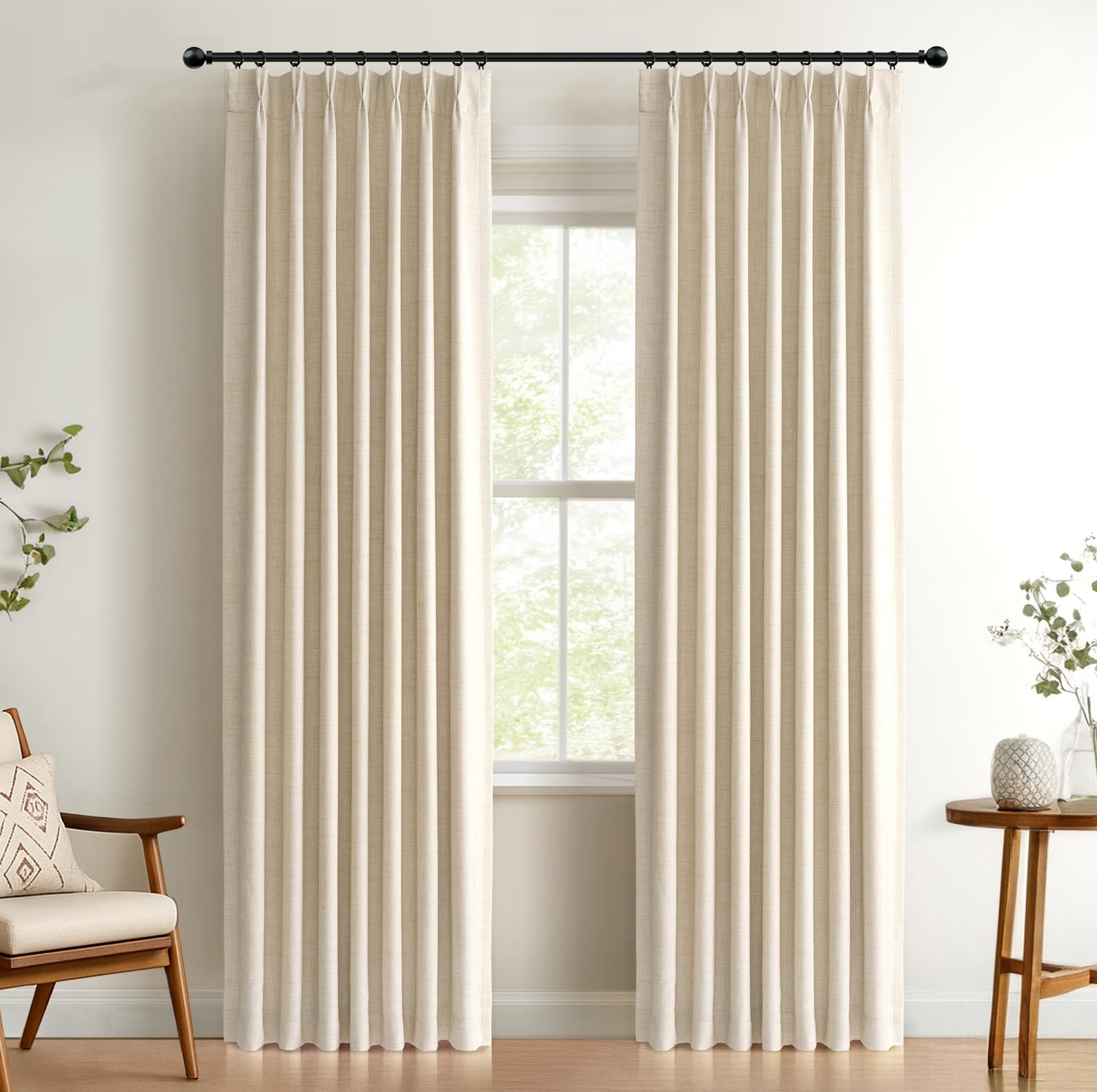 100% Blackout Shield linen pinch pleated curtains close-up texture for premium privacy.