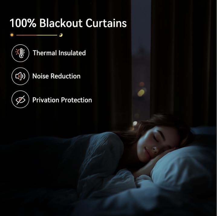 100% Blackout Shield cream curtains show rich drape and linen look for a cozy bedroom.