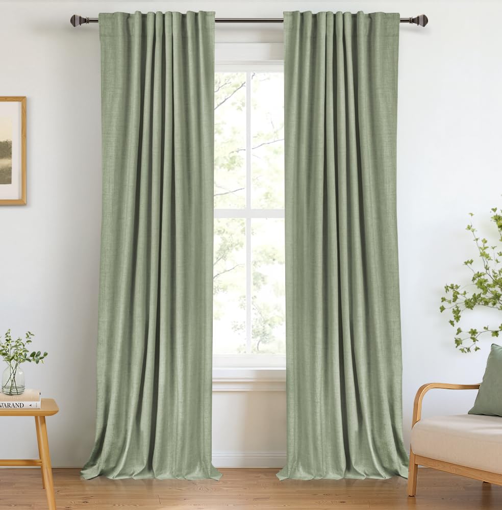 100% Blackout Shield sage curtain with linen texture blocks light for deeper sleep