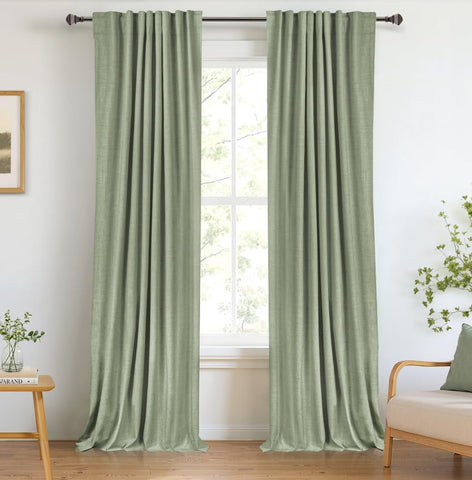 100% Blackout Shield sage curtain with linen texture blocks light for deeper sleep