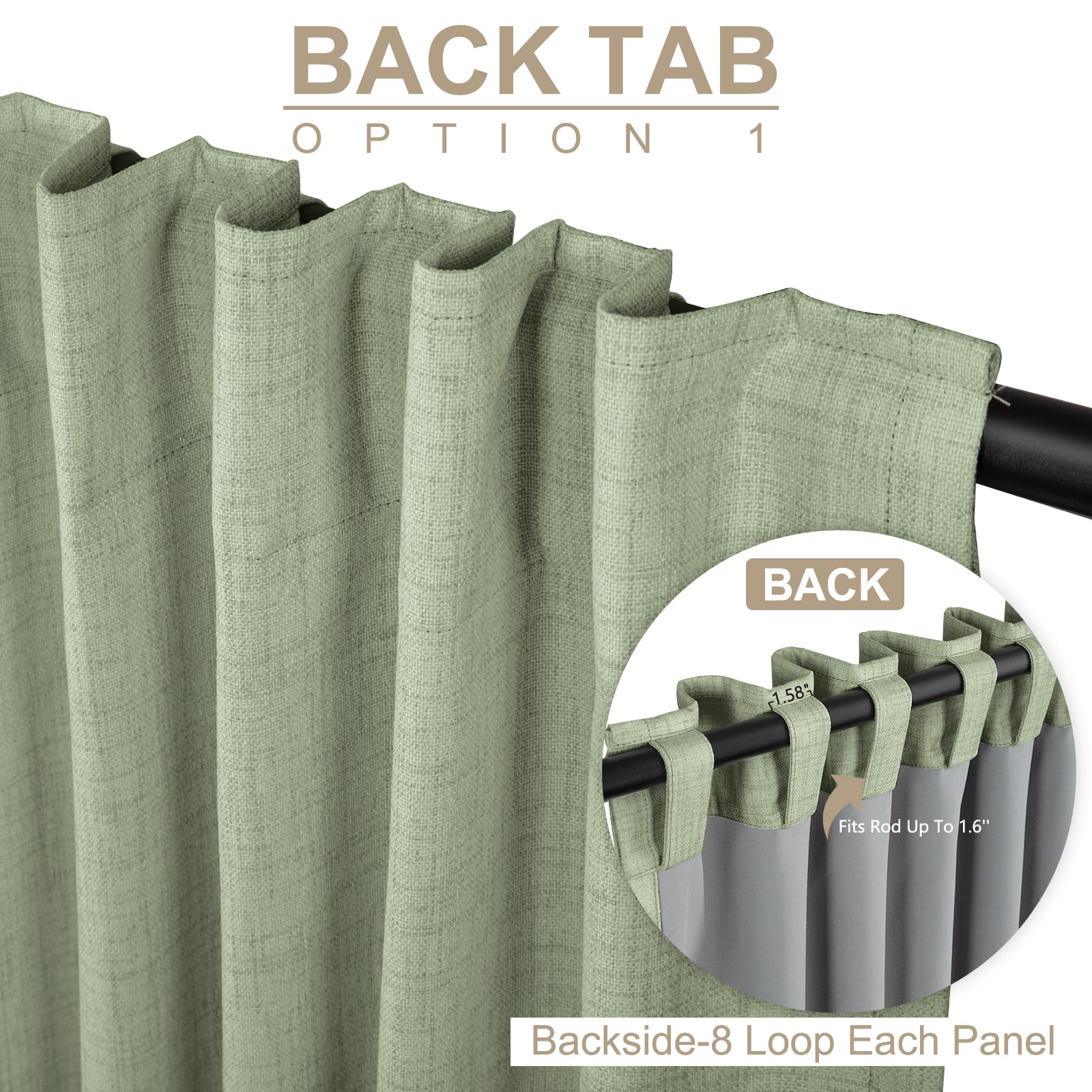 Rod-pocket style 100% Blackout Shield sage curtain provides clean window coverage