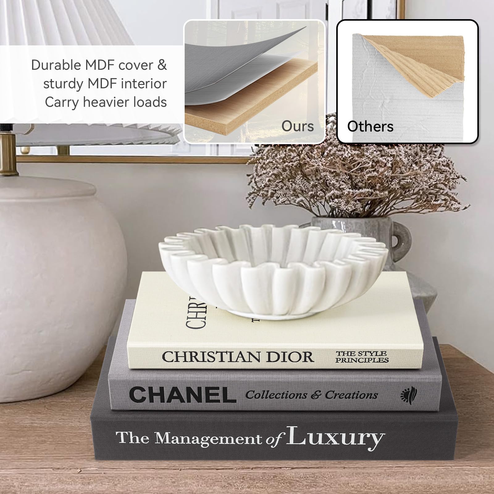 1DOT2 simulated book collection in black gray and beige enhances neutral interiors