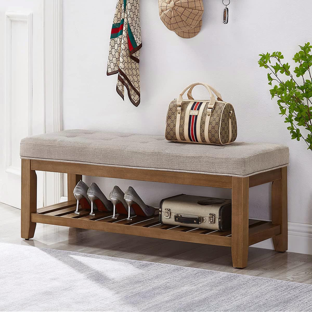 24KF ottoman storage shelf wood open storage for tidy entryways