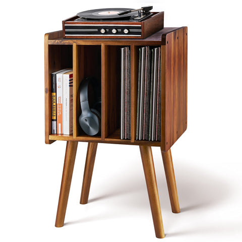 2BHOME wooden LP stand with four cabinets displaying organized vinyl collection.