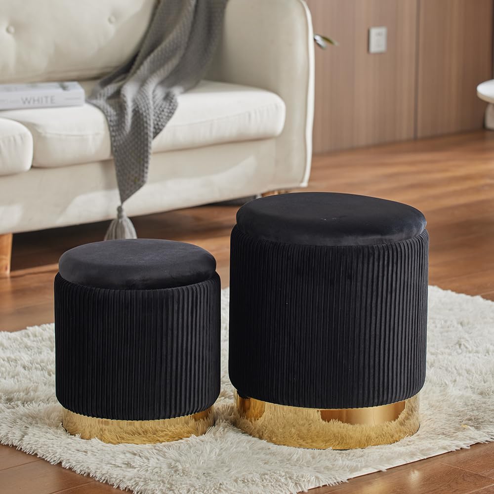 2BYF living room ottoman set in-use illustrates extra seating and organization.