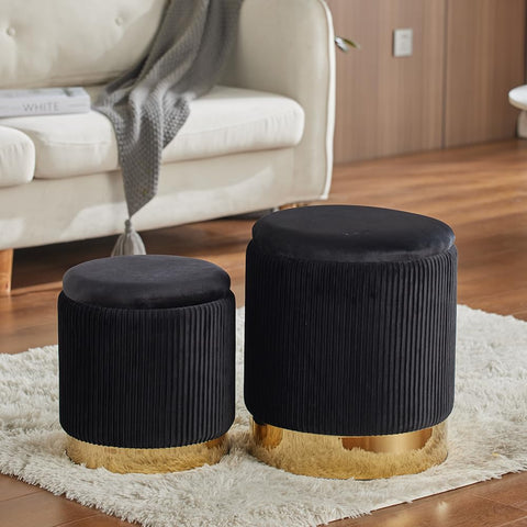 2BYF living room ottoman set in-use illustrates extra seating and organization.