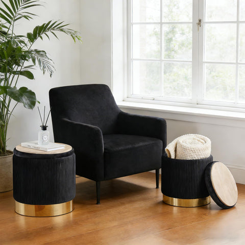 2BYF round ottoman storage set 2 black velvet small size, ideal for compact spaces.