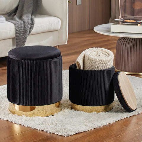 2BYF velvet round ottoman inner storage compartment highlights convenient organization.