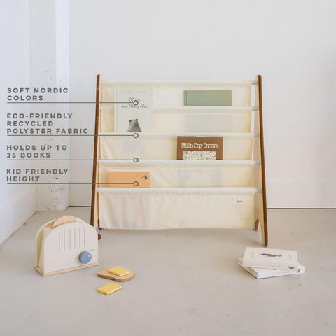 3 Sprouts bookshelf capacity 35 books shown in a tidy, face-forward layout.