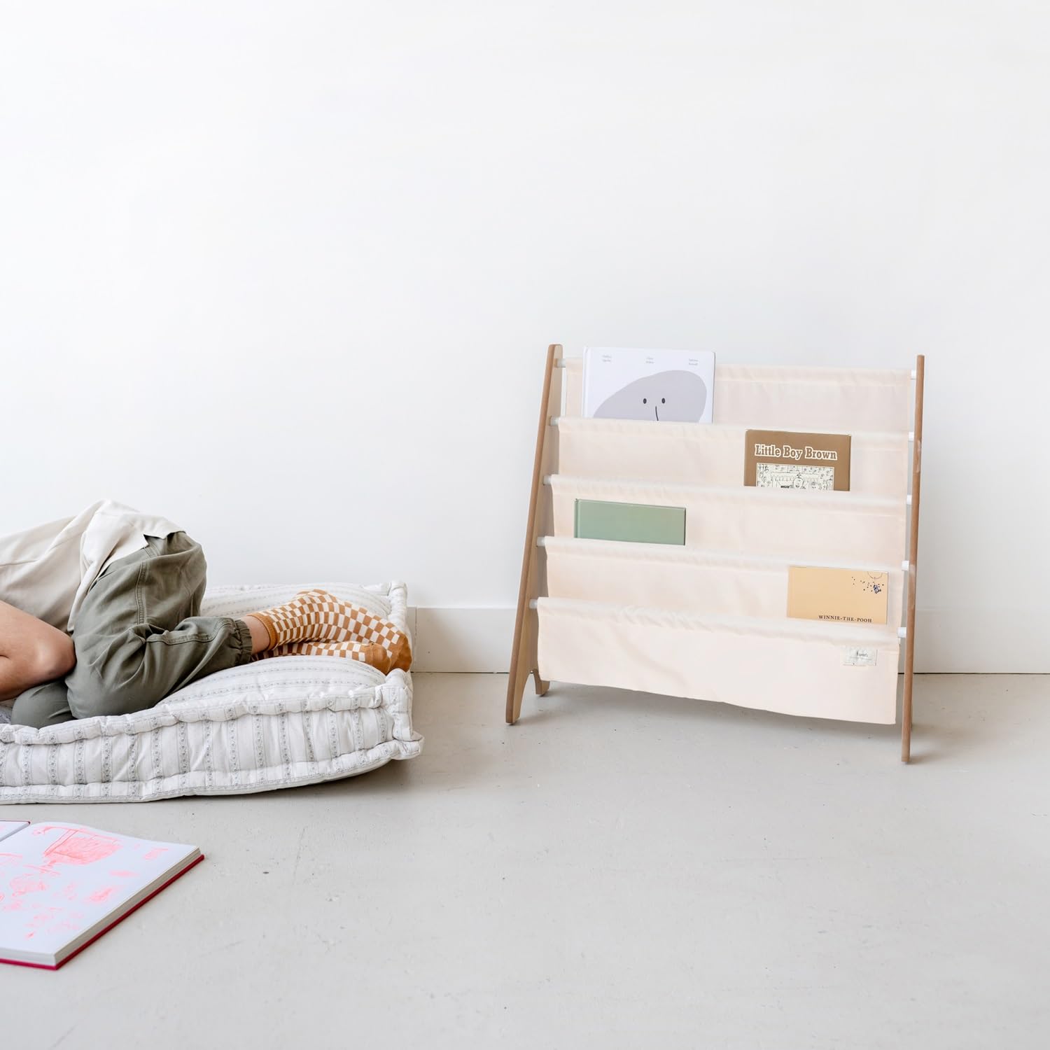 3 Sprouts bookshelf cream color fits modern nurseries and playrooms.