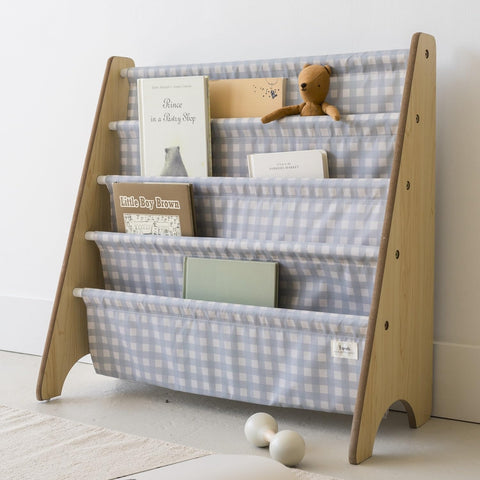 3 Sprouts Bookshelf gingham blue front view shows easy-access book display for independent reading