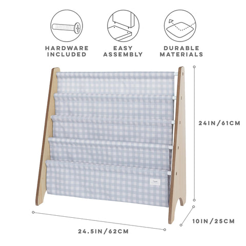 3 Sprouts Bookshelf gingham blue side view highlights compact storage for small bedrooms