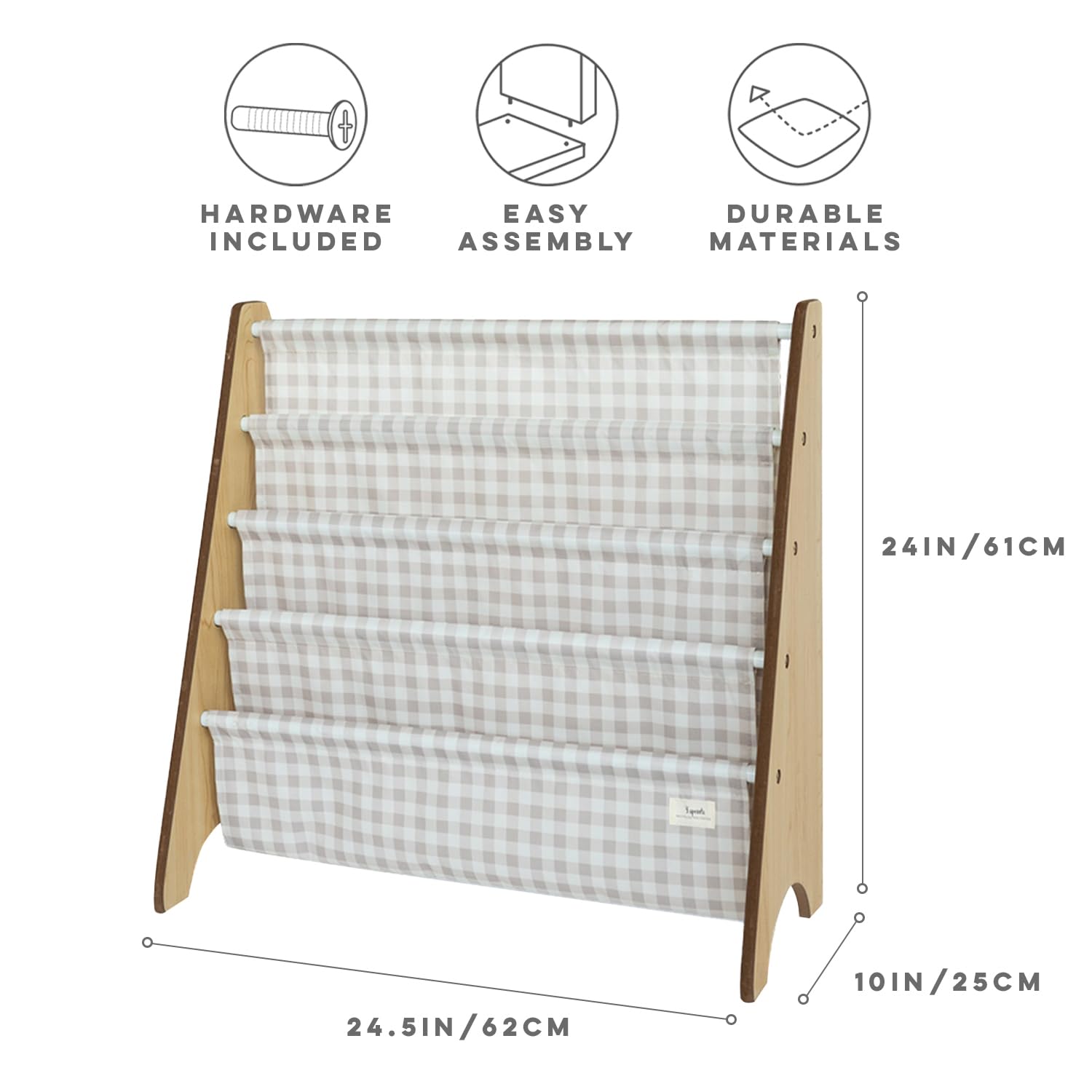 3 Sprouts 4-tier sling storage keeps 35 books visible and organized for easy reach.