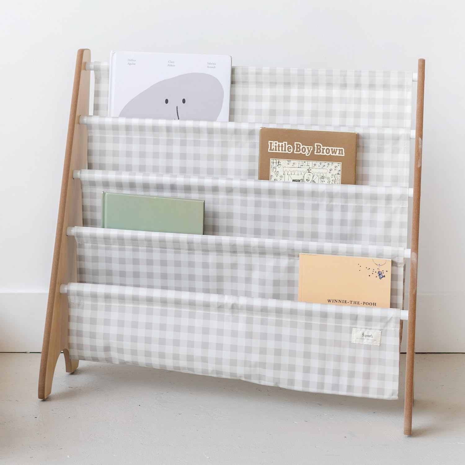 3 Sprouts gingham-beige finish adds soft Nordic charm to playrooms.