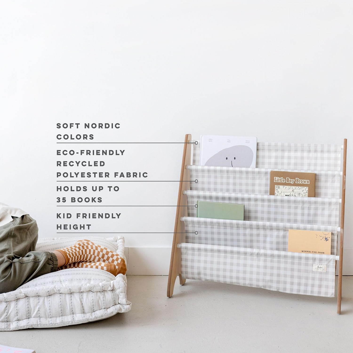 3 Sprouts bookshelf fits a modern nursery, adding playful, accessible book storage.