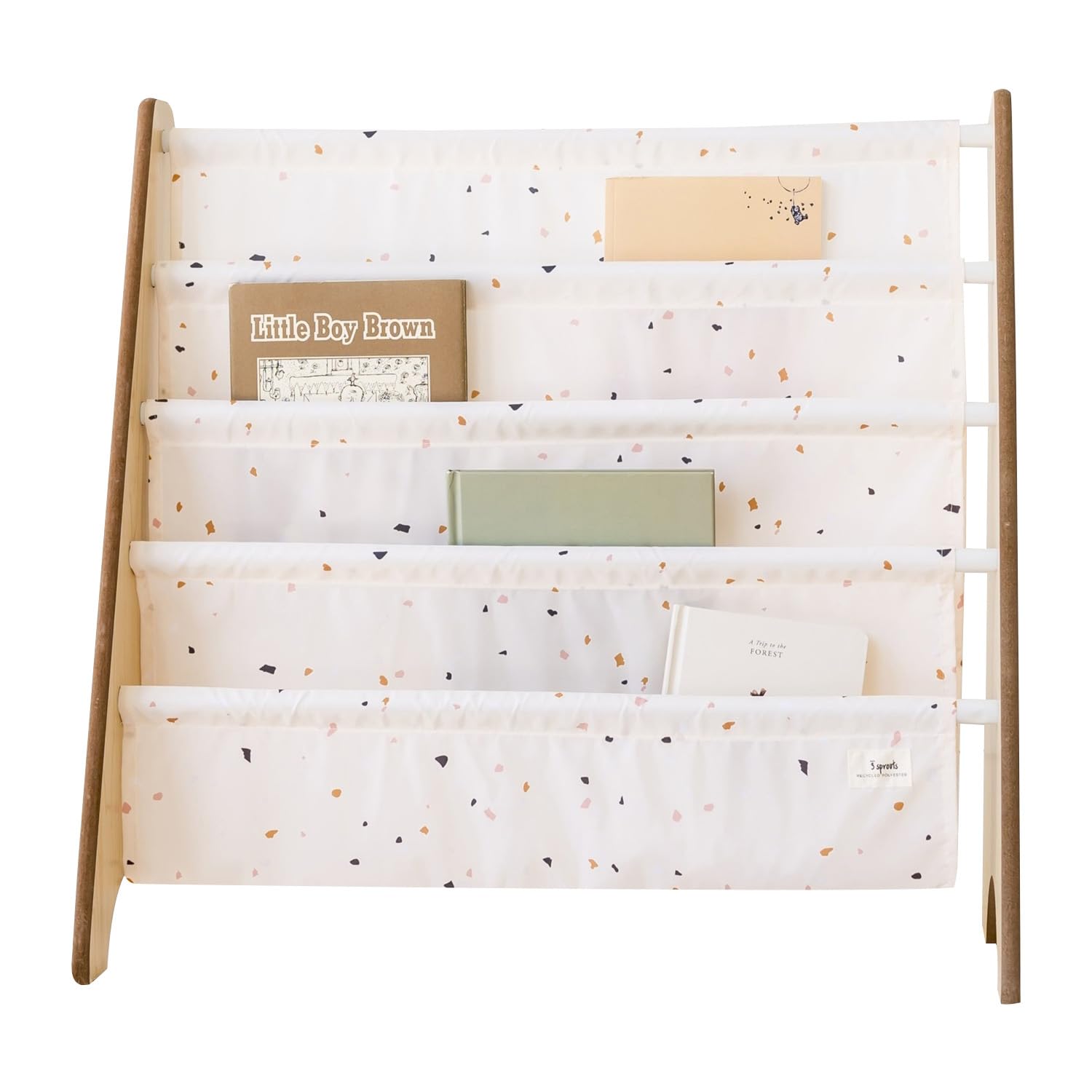 3 Sprouts Kids Bookshelf terrazzo cream front view highlighting 4-tier sling storage for easy access
