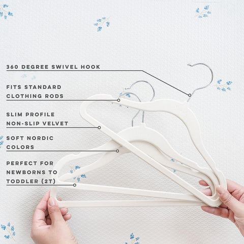 3 Sprouts Velvet Baby Hangers 30 pack neatly displayed for nursery organization