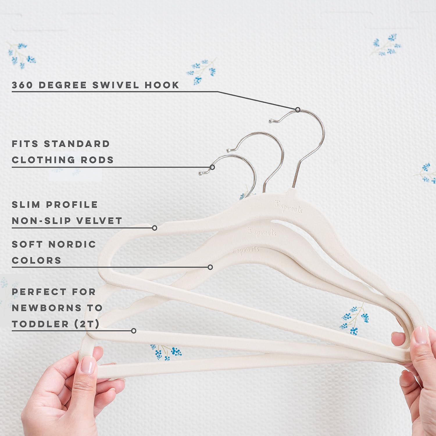 3 Sprouts Velvet Baby Hangers notched shoulders prevent garments from slipping.