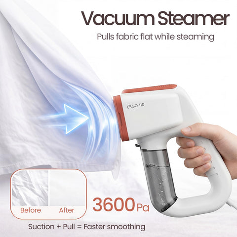 3DOEX steamer in use, smooths wrinkles and dries fabrics fast.