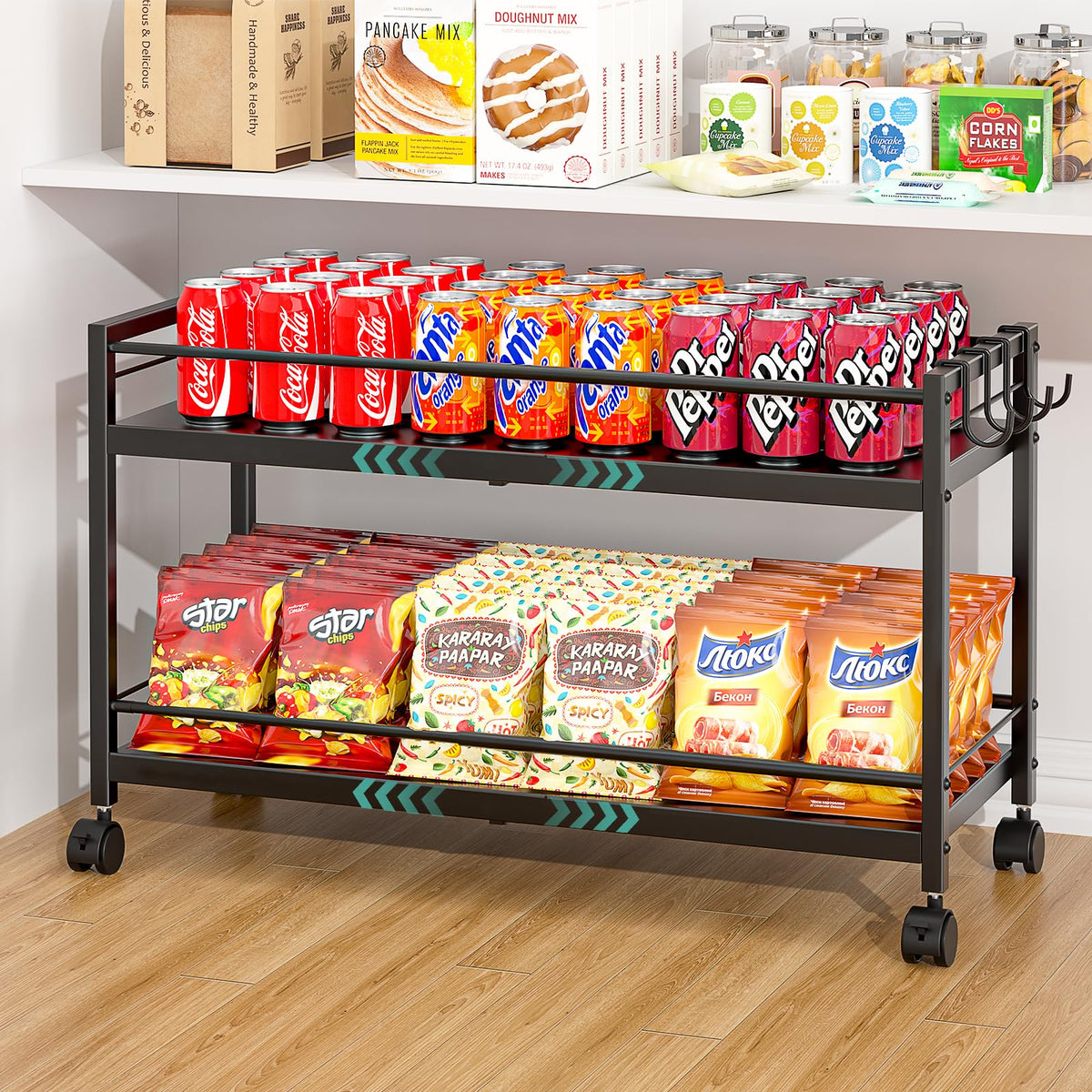 3IngSeagulls 2-Tier expandable pantry cart side view shows adjustable length for tight spaces.