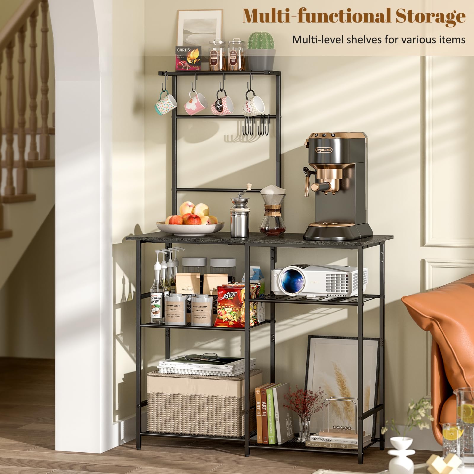 3IngSeagulls Baker's Rack adjustable shelf accommodates tall appliances safely.