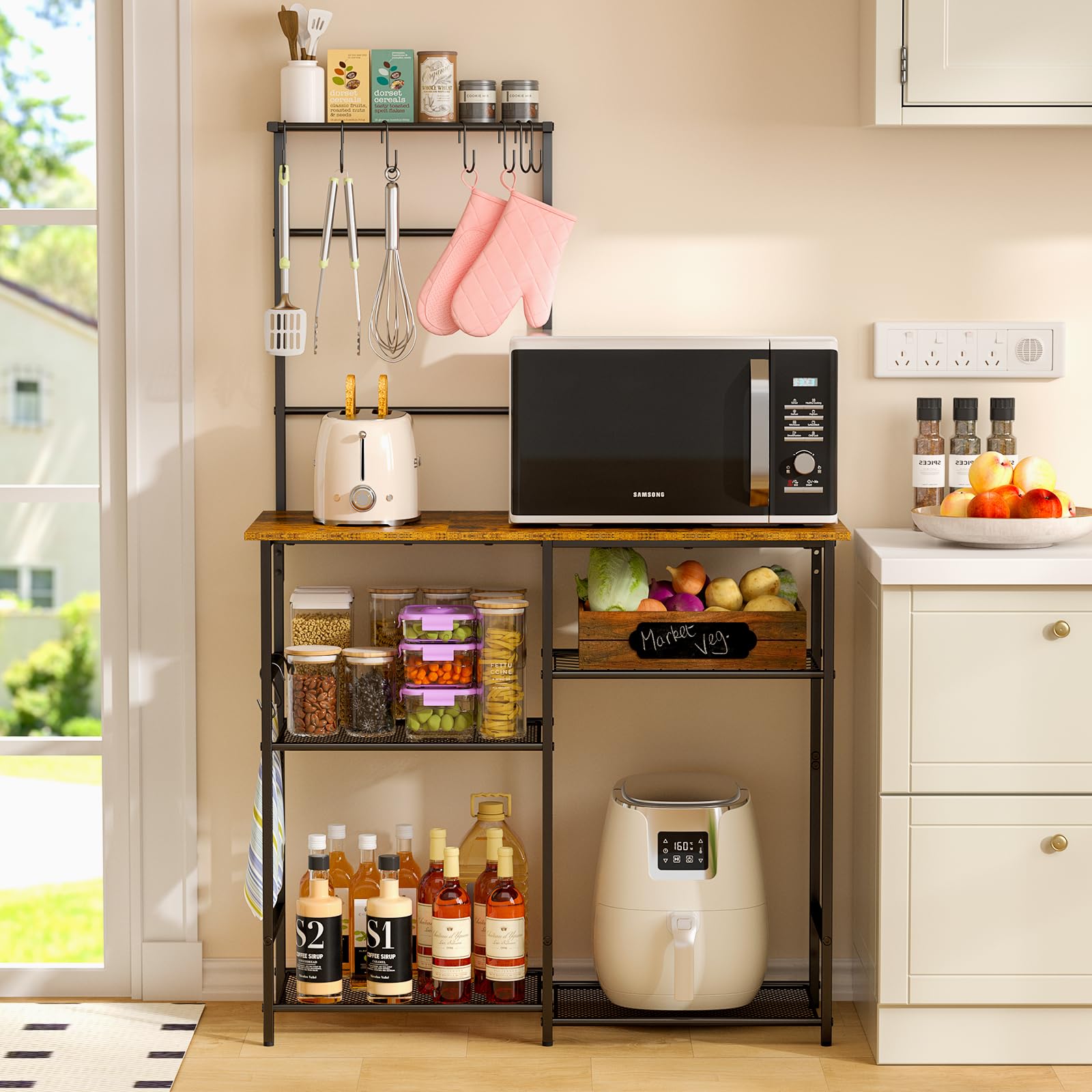 3IngSeagulls Baker's Rack adjustable shelf fits tall appliances.