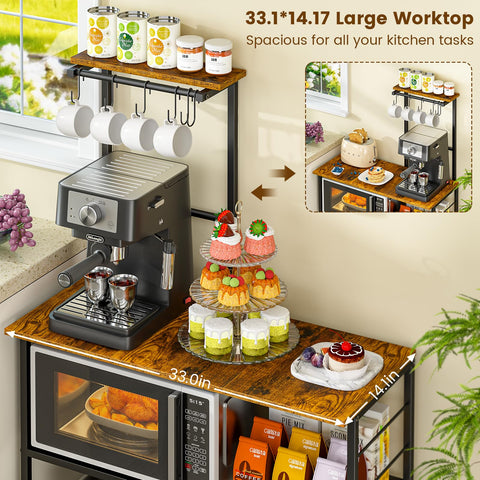 3IngSeagulls bakers rack adjustable shelf demonstrates flexible storage.