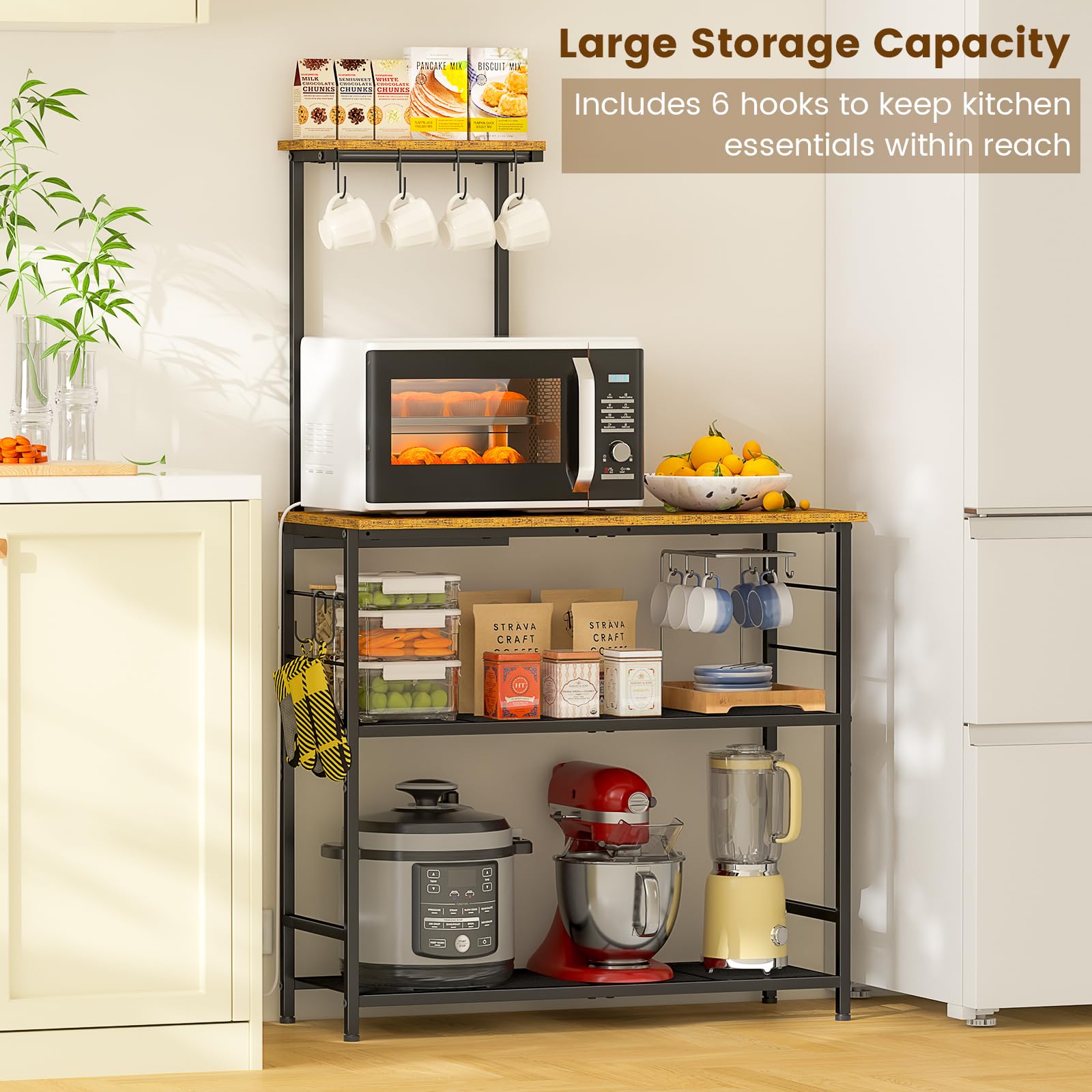 3IngSeagulls bakers rack four-tier storage for spices and cookware.