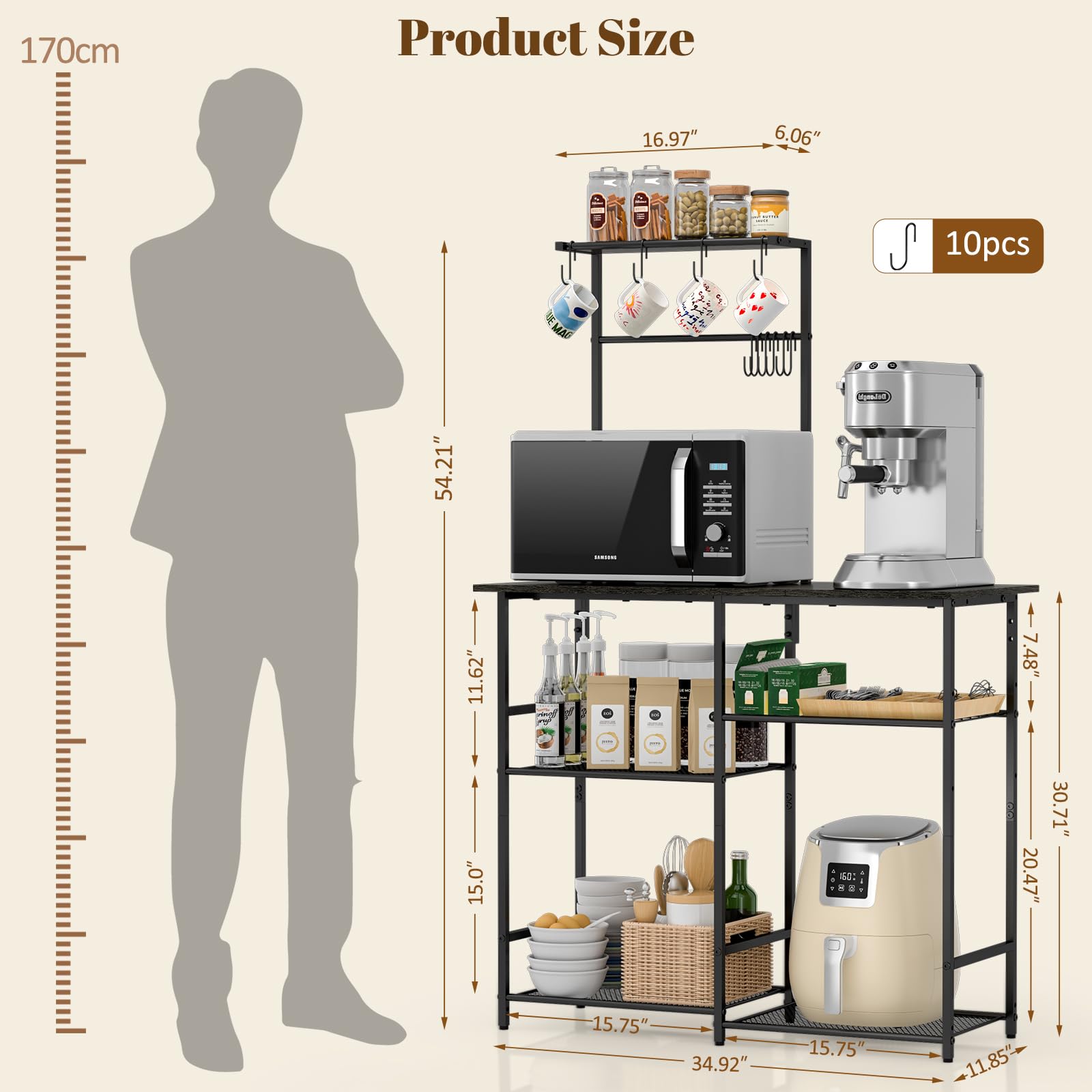 3IngSeagulls Baker's Rack gray finish complements modern kitchen aesthetics.