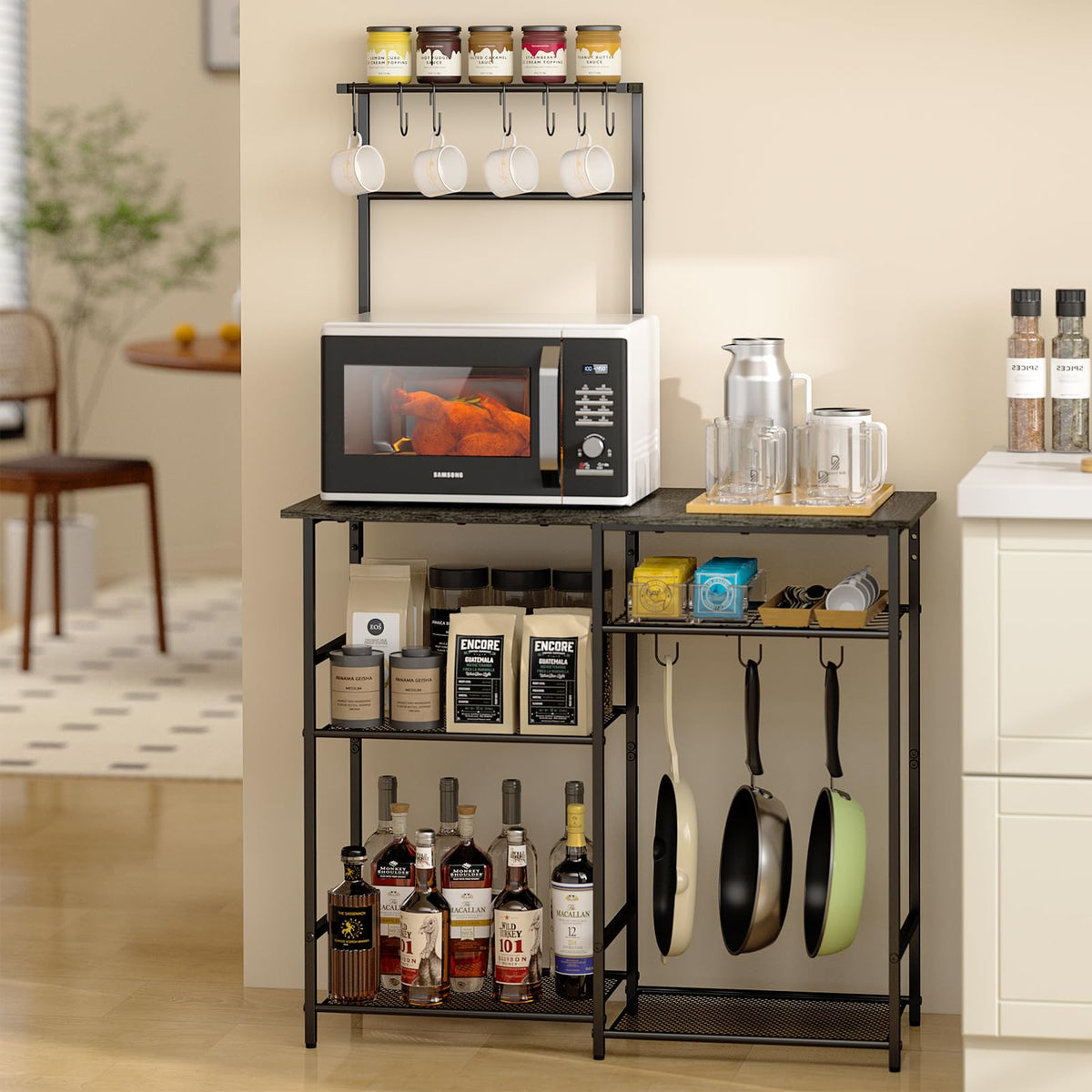 3IngSeagulls Baker's Rack microwave stand provides extra countertop space for small appliances.