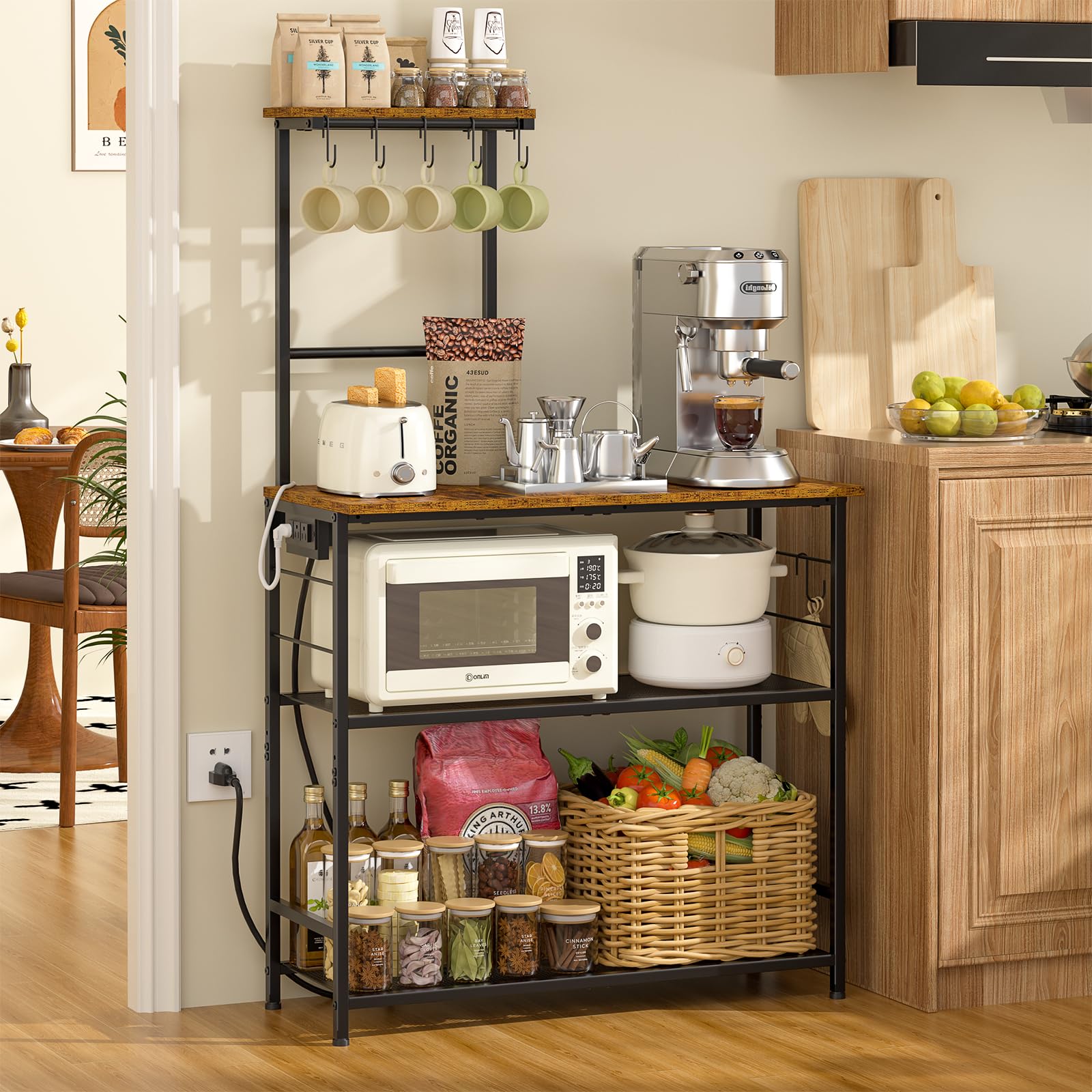 3IngSeagulls bakers rack with power outlet keeps appliances within reach and cords tidy.