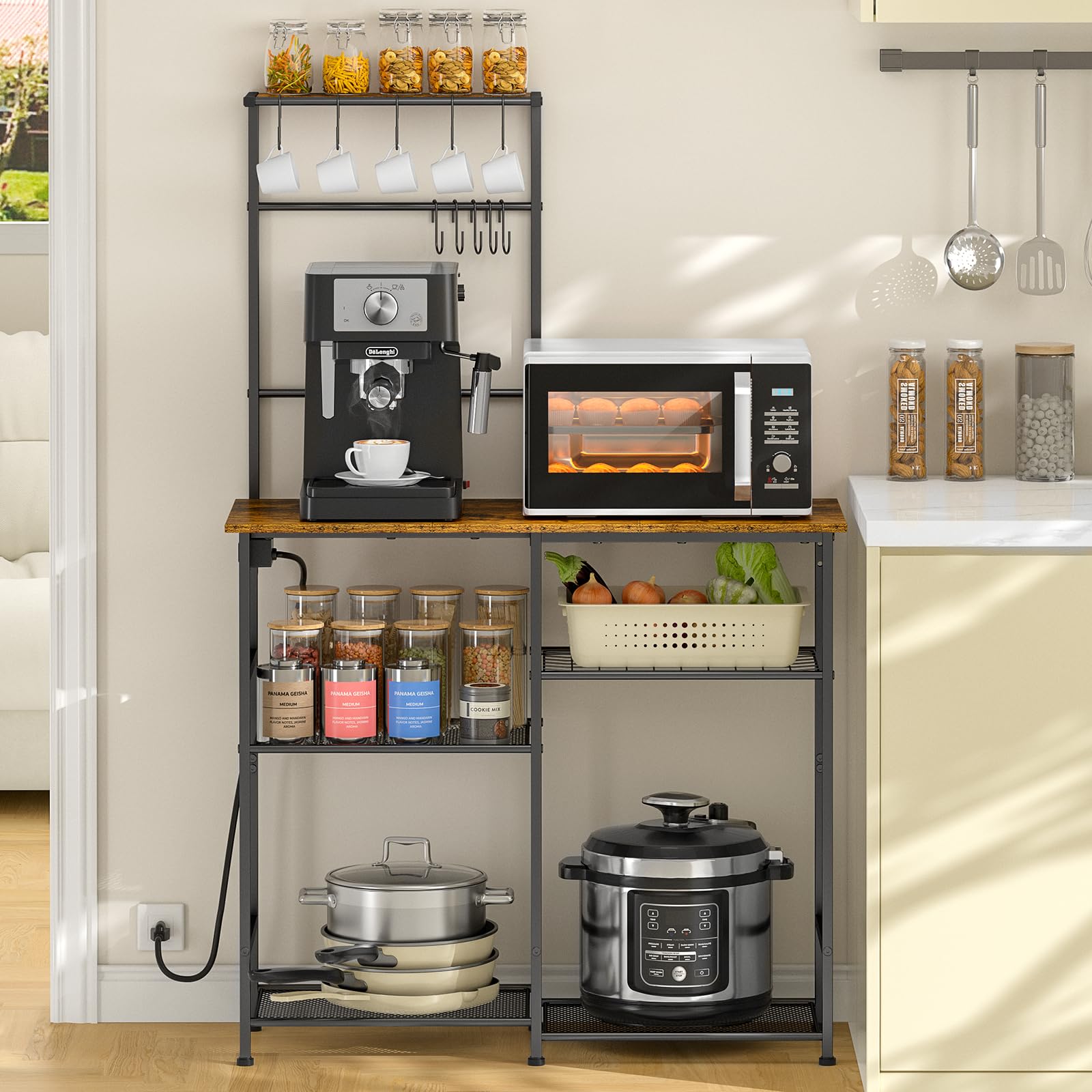 3IngSeagulls bakers rack with power outlet enables convenient appliance charging on the counter.