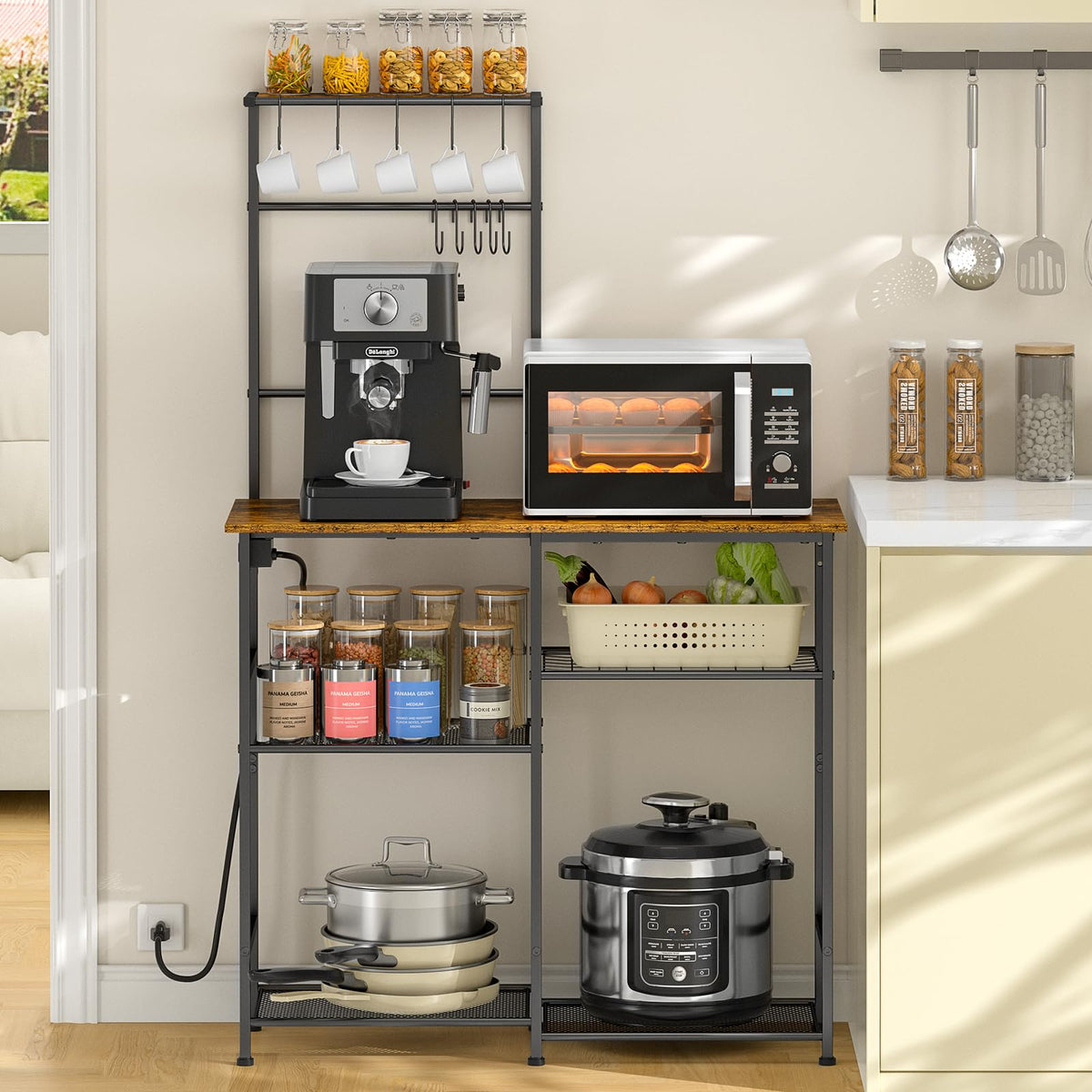 3IngSeagulls bakers rack with power outlet enables convenient appliance charging on the counter.