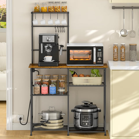 3IngSeagulls bakers rack with power outlet enables convenient appliance charging on the counter.