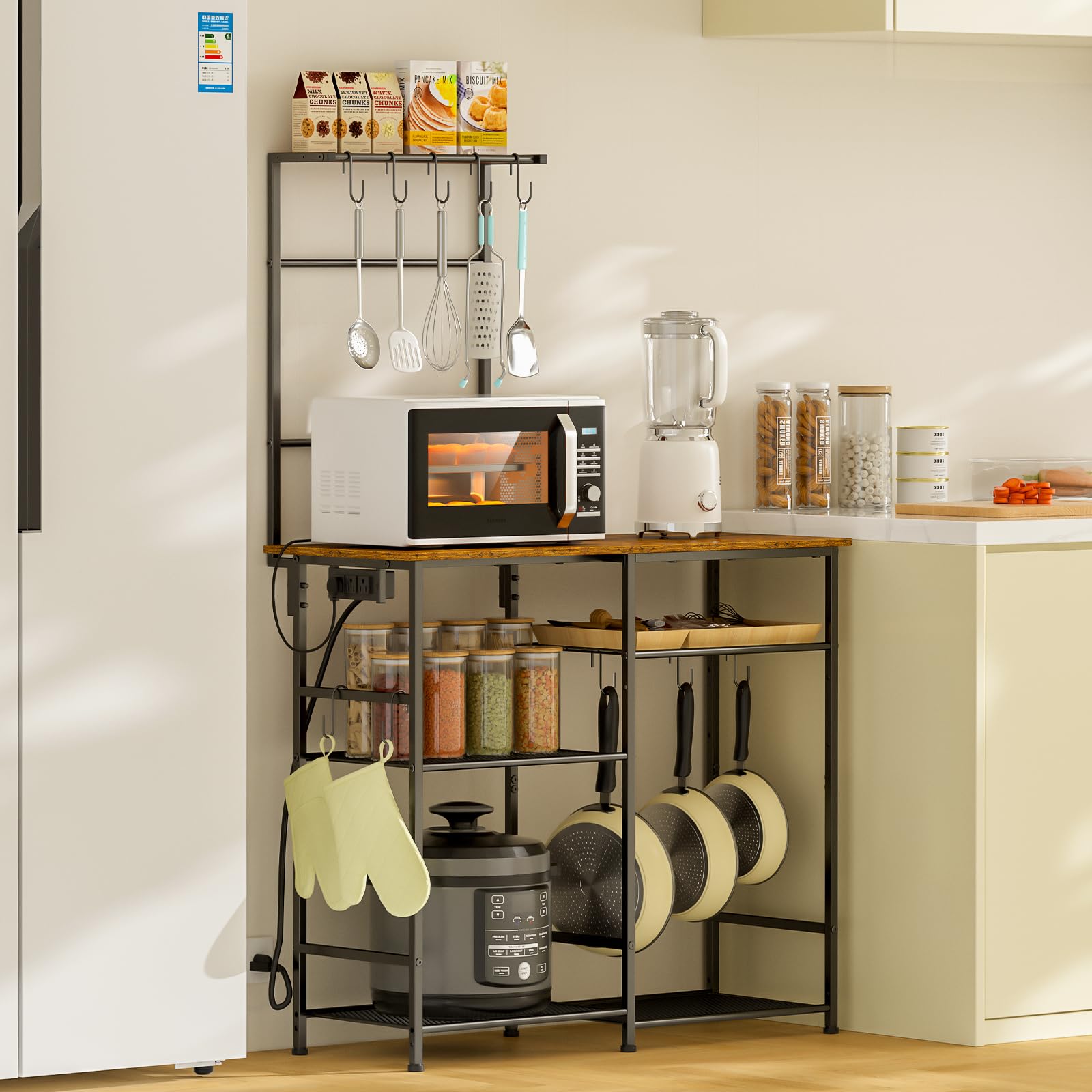 3IngSeagulls bakers rack rustic brown finish adds warm kitchen style.