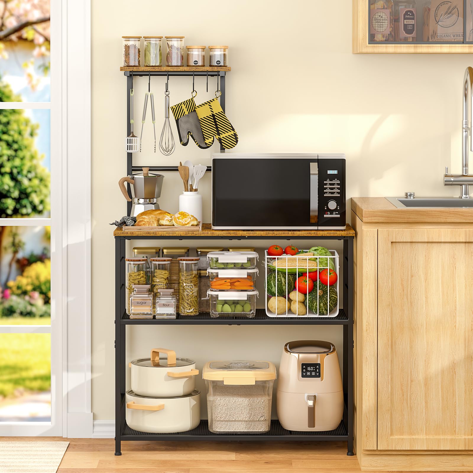 3IngSeagulls bakers rack with S hooks organizes mugs and utensils.