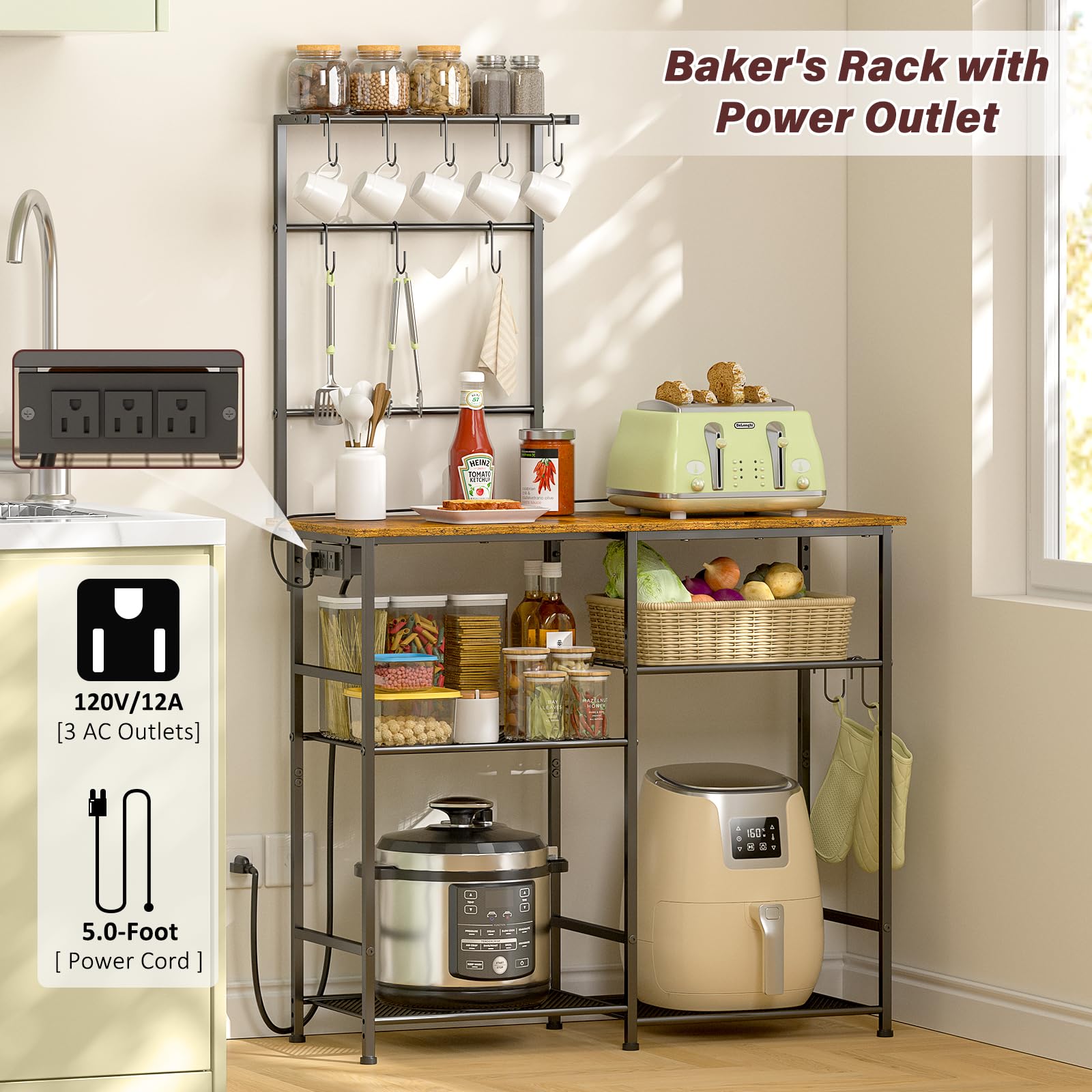 3IngSeagulls bakers rack top surface keeps spices and essentials within easy reach.