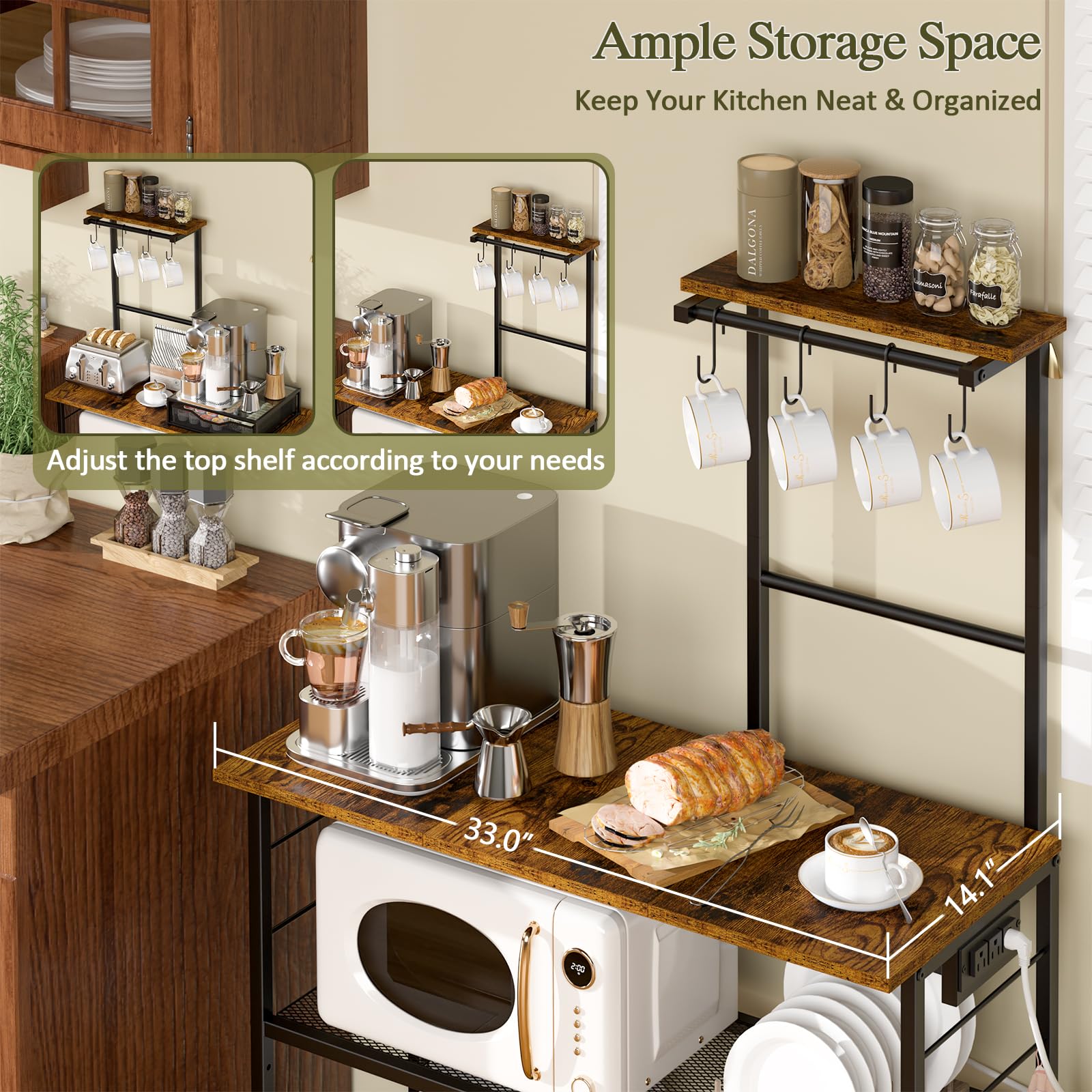 3IngSeagulls bakers rack wide-tabletop fits microwaves and coffee makers.