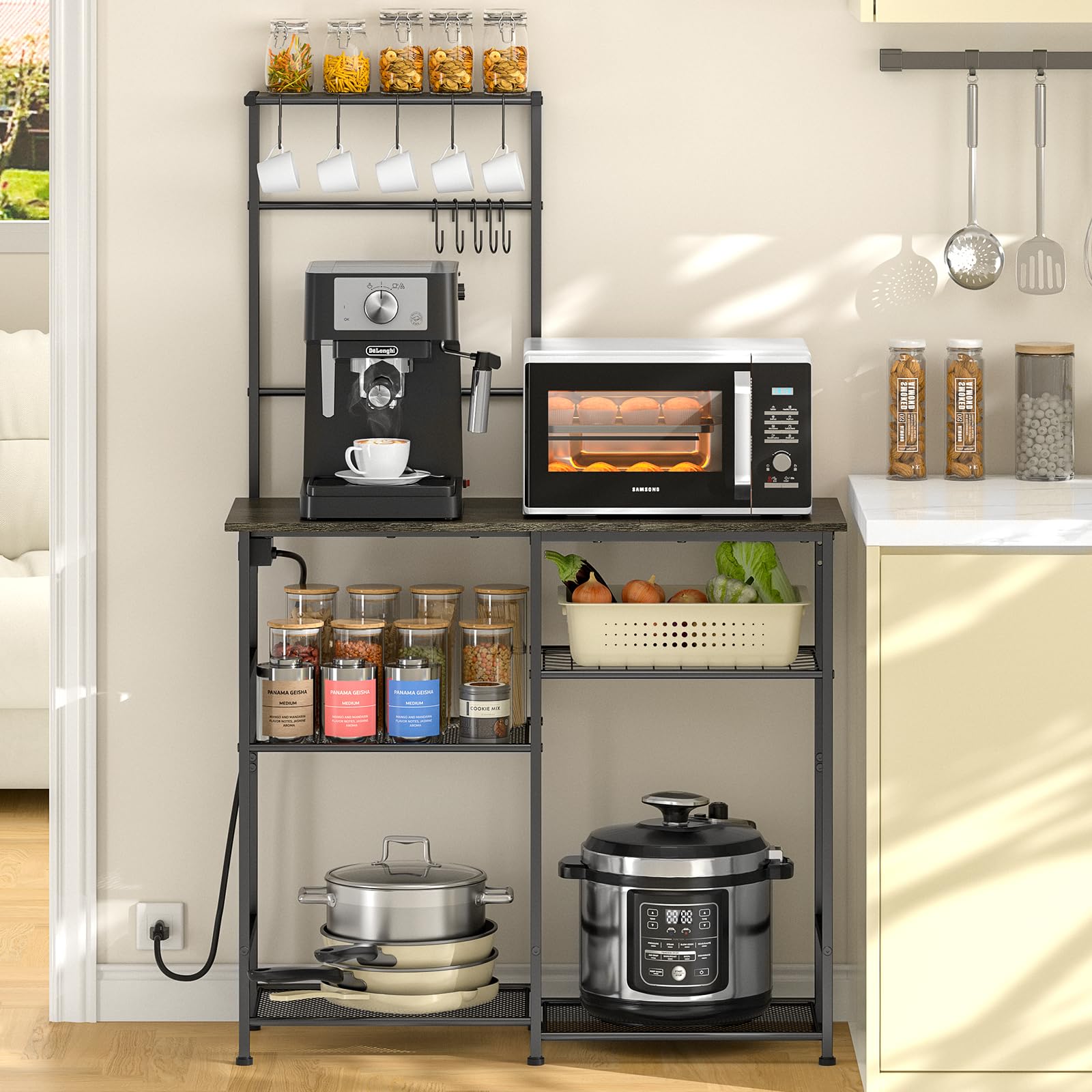 3IngSeagulls bakers rack with power outlet front view for convenient charging