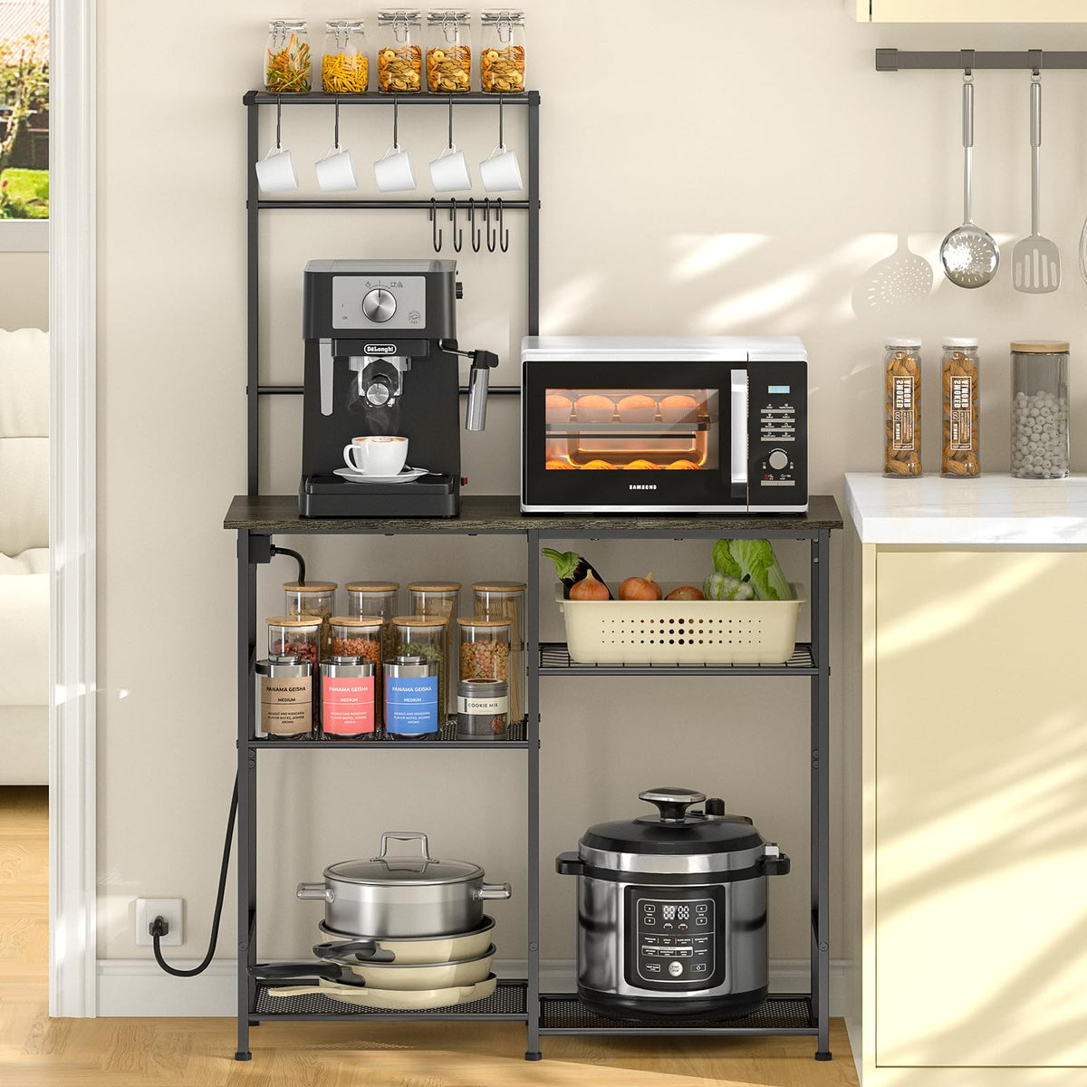 3IngSeagulls bakers rack with power outlet front view for convenient charging