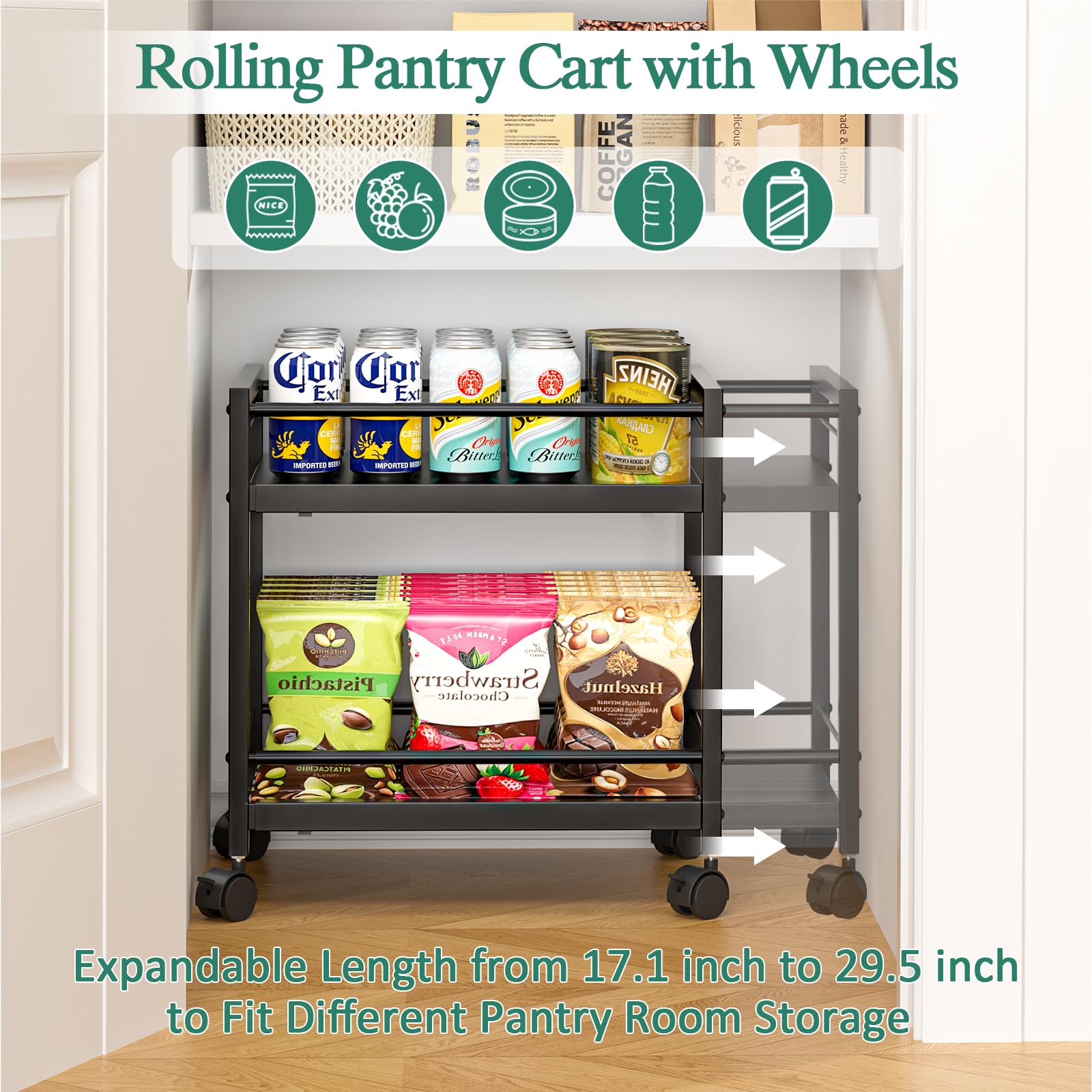3IngSeagulls Pantry Cart with Wheels enables easy rolling across the kitchen floor.